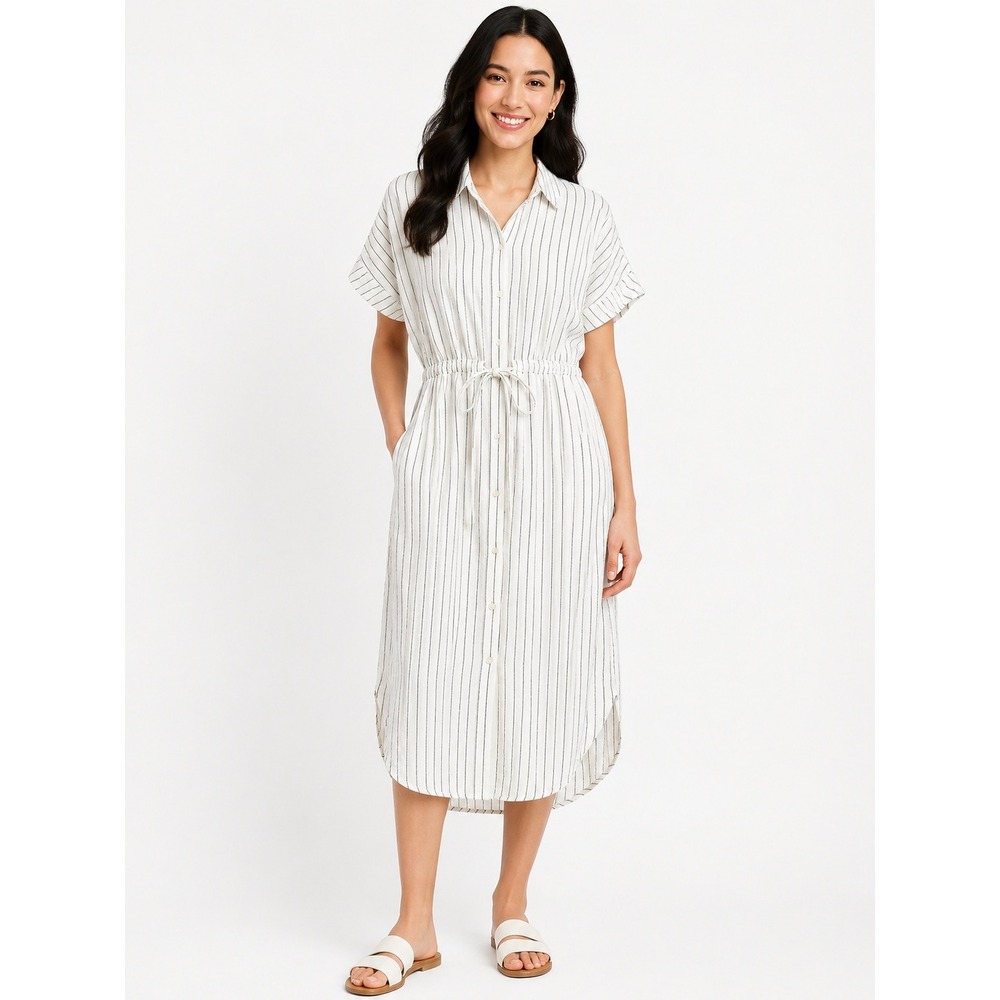 A New Day Striped Shirt Dress XS White Linen Blend Button Down Midi Beach Casual